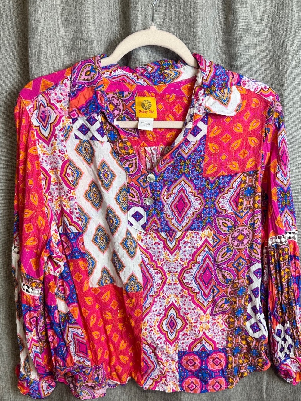Ruby Rd. Vibrant Patchwork Boho Henley Blouse Pink Orange Multi Size Large